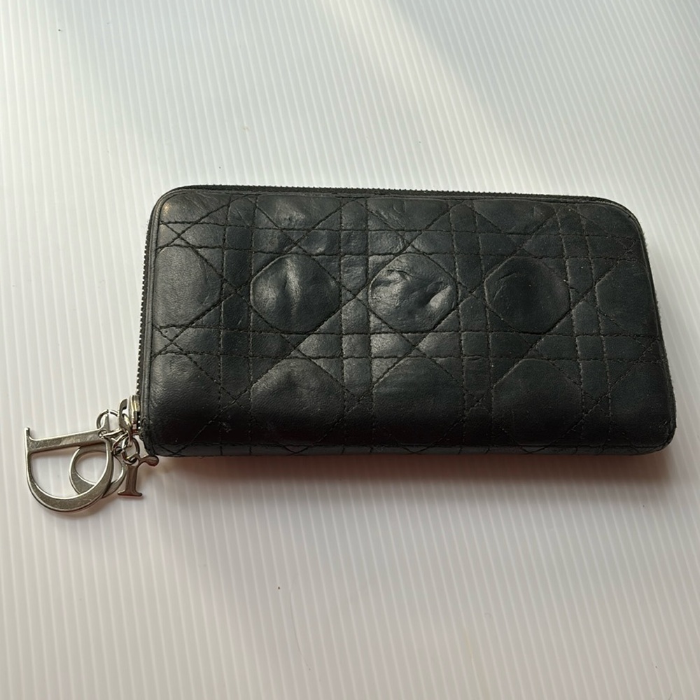 Lady Dior Voyageur Cannage Black Quilted Leather Zip Around Wallet w/ Logo charm